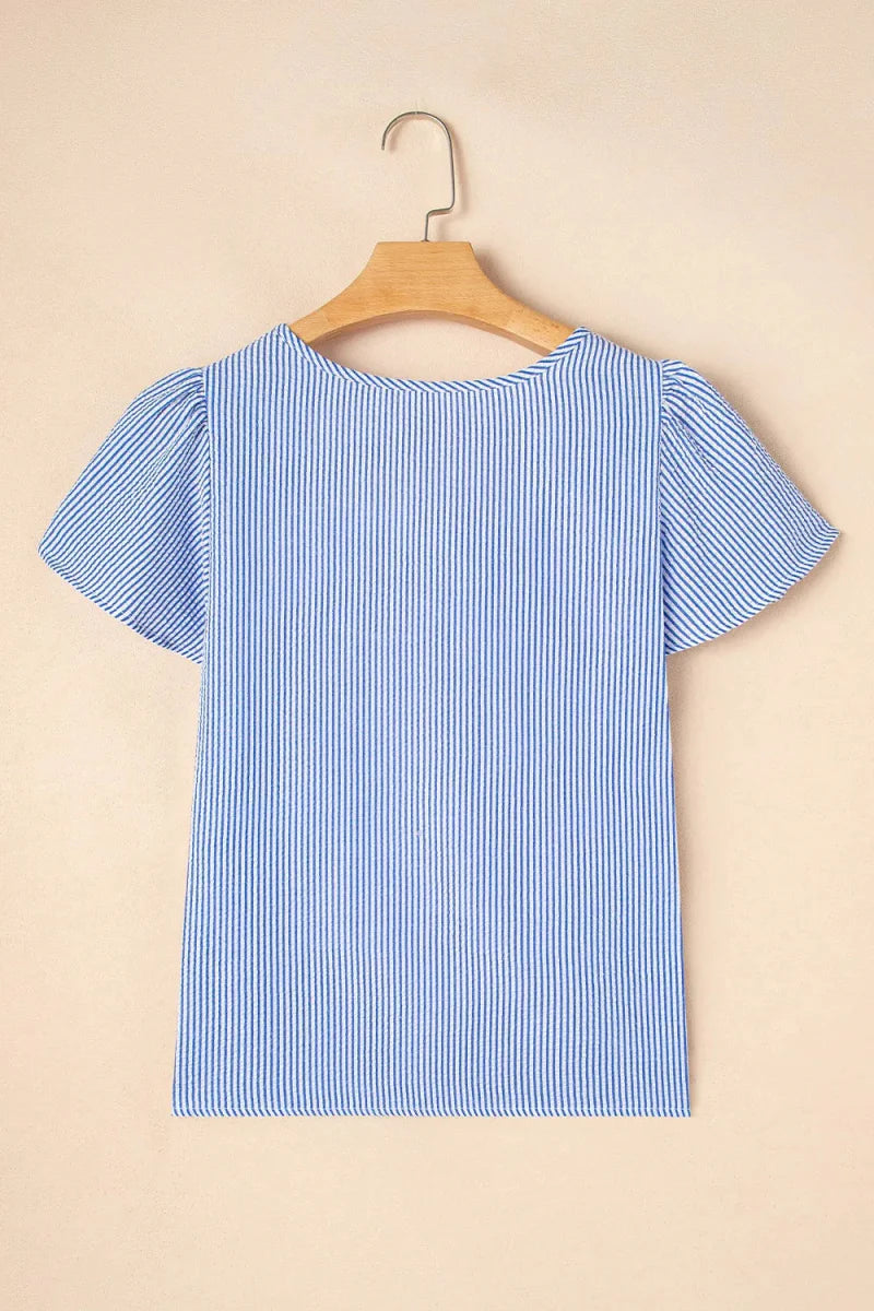 Stripe Textured Ruffle Short Sleeve Boho Detail Square Neck Blouse
