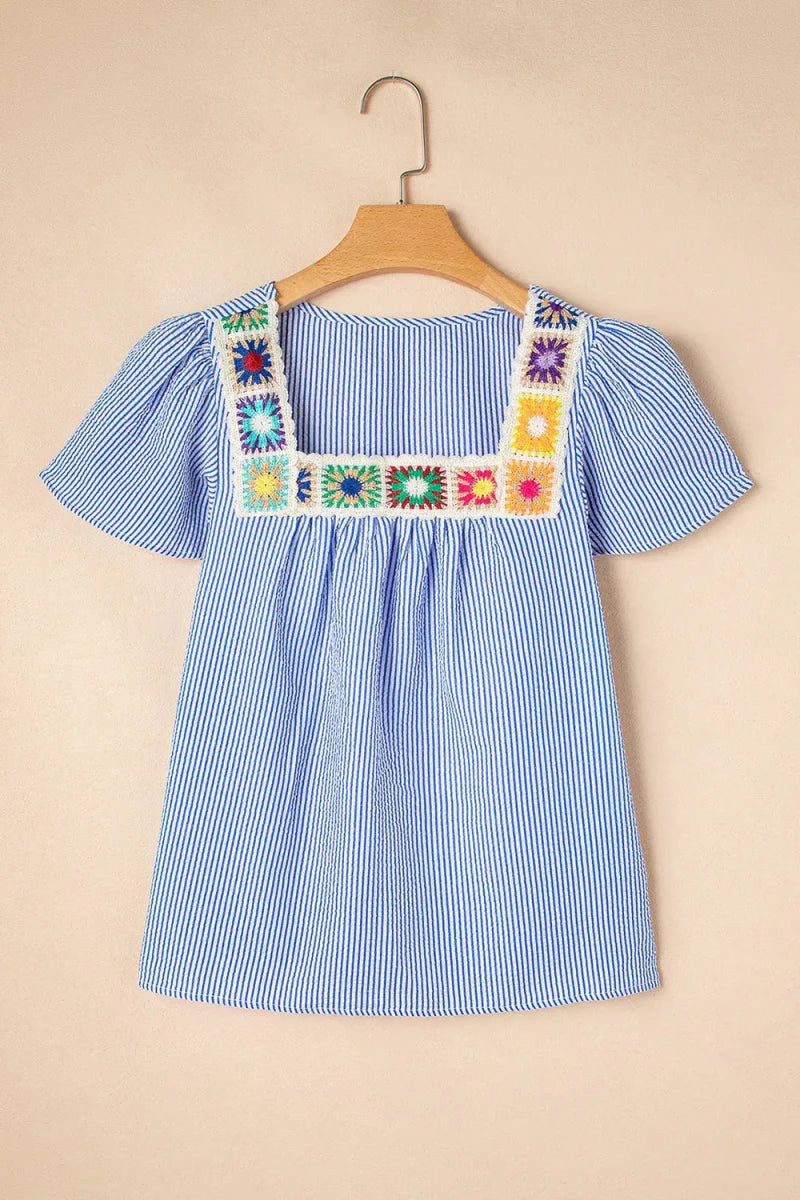 Stripe Textured Ruffle Short Sleeve Boho Detail Square Neck Blouse
