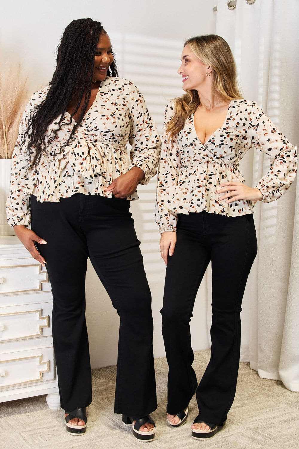 Vibrant plunge peplum top - tied detail