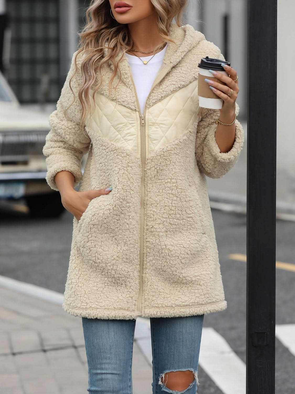 Cozy fleece hooded jacket with pockets