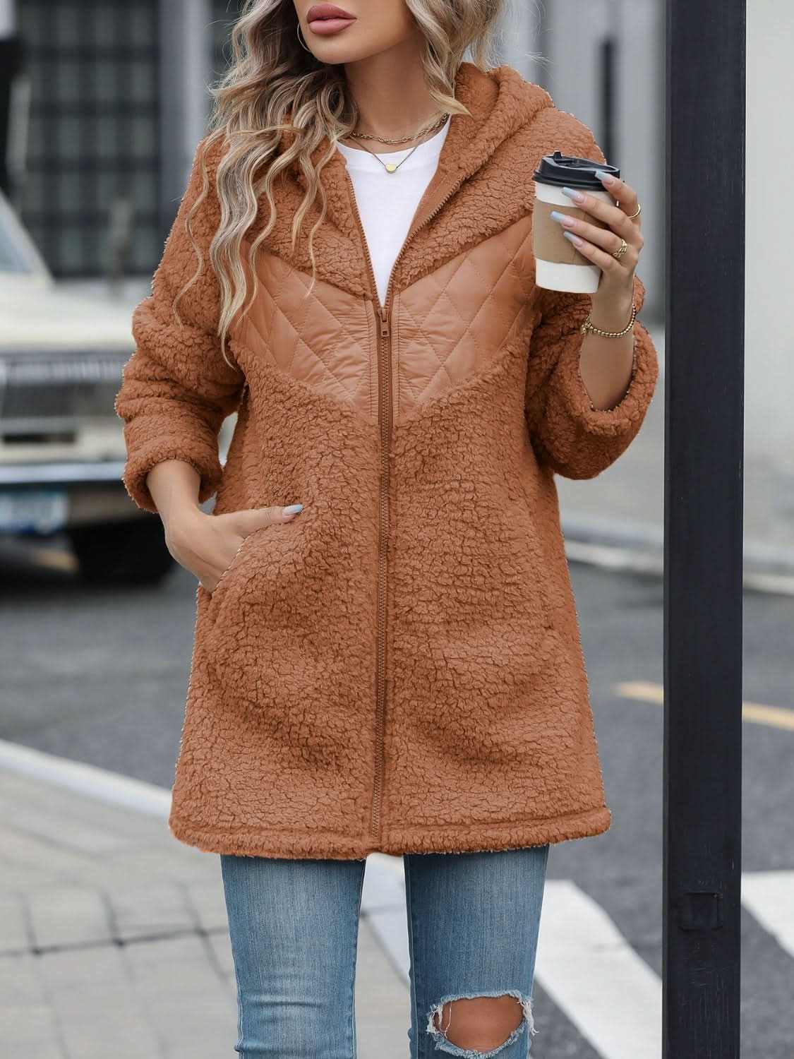 Cozy fleece hooded jacket with pockets