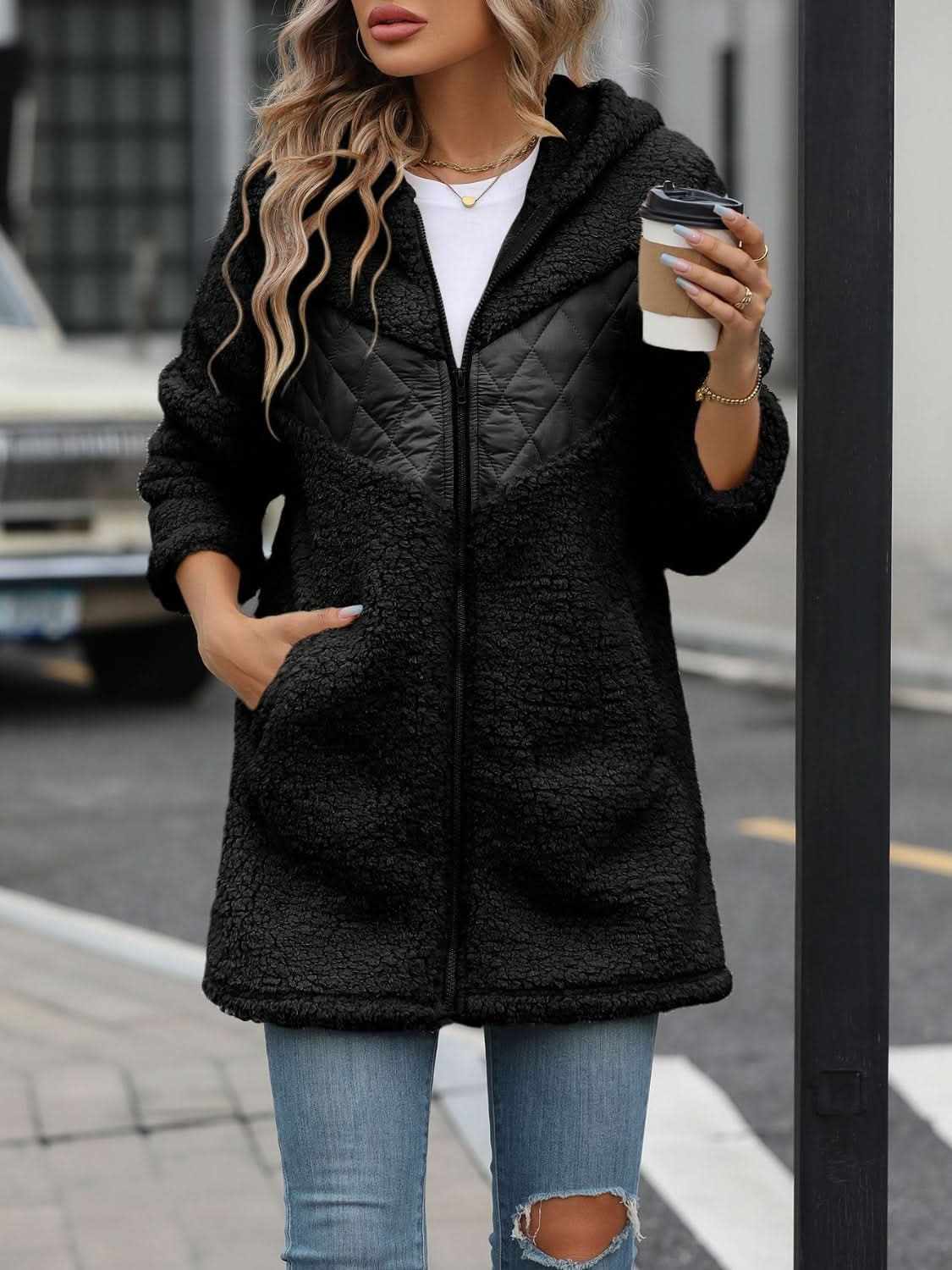 Cozy fleece hooded jacket with pockets