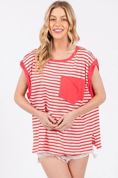 Trendy Striped Cap Sleeve T-Shirt with Side Slits