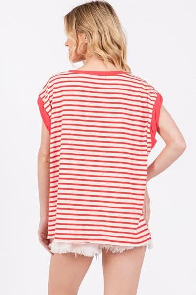 Trendy Striped Cap Sleeve T-Shirt with Side Slits