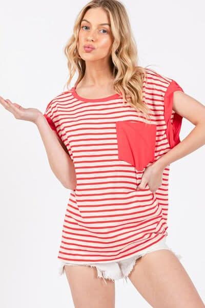 Trendy Striped Cap Sleeve T-Shirt with Side Slits