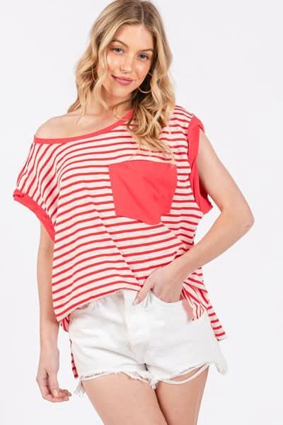 Trendy Striped Cap Sleeve T-Shirt with Side Slits