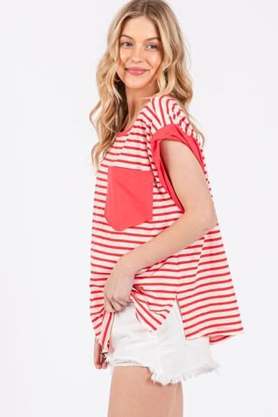 Trendy Striped Cap Sleeve T-Shirt with Side Slits