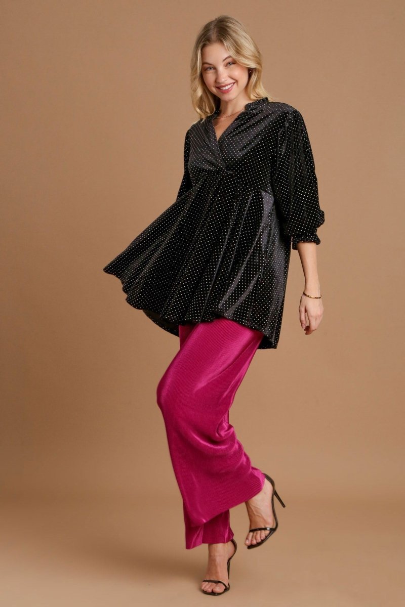 Umgee Full Size Beaded Frill Flounce Sleeve Velvet Blouse