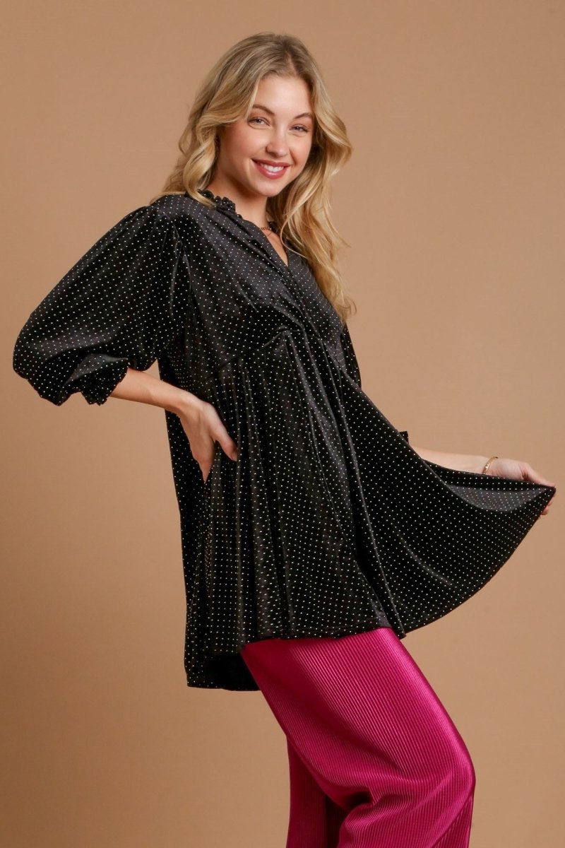 Umgee Full Size Beaded Frill Flounce Sleeve Velvet Blouse