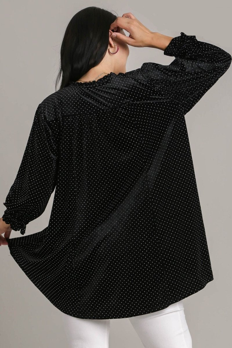 Umgee Full Size Beaded Frill Flounce Sleeve Velvet Blouse