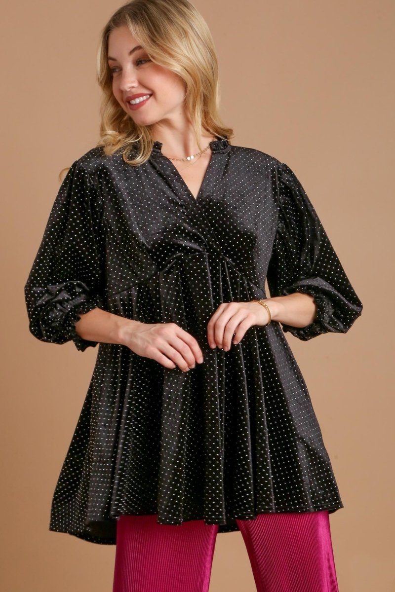 Umgee Full Size Beaded Frill Flounce Sleeve Velvet Blouse