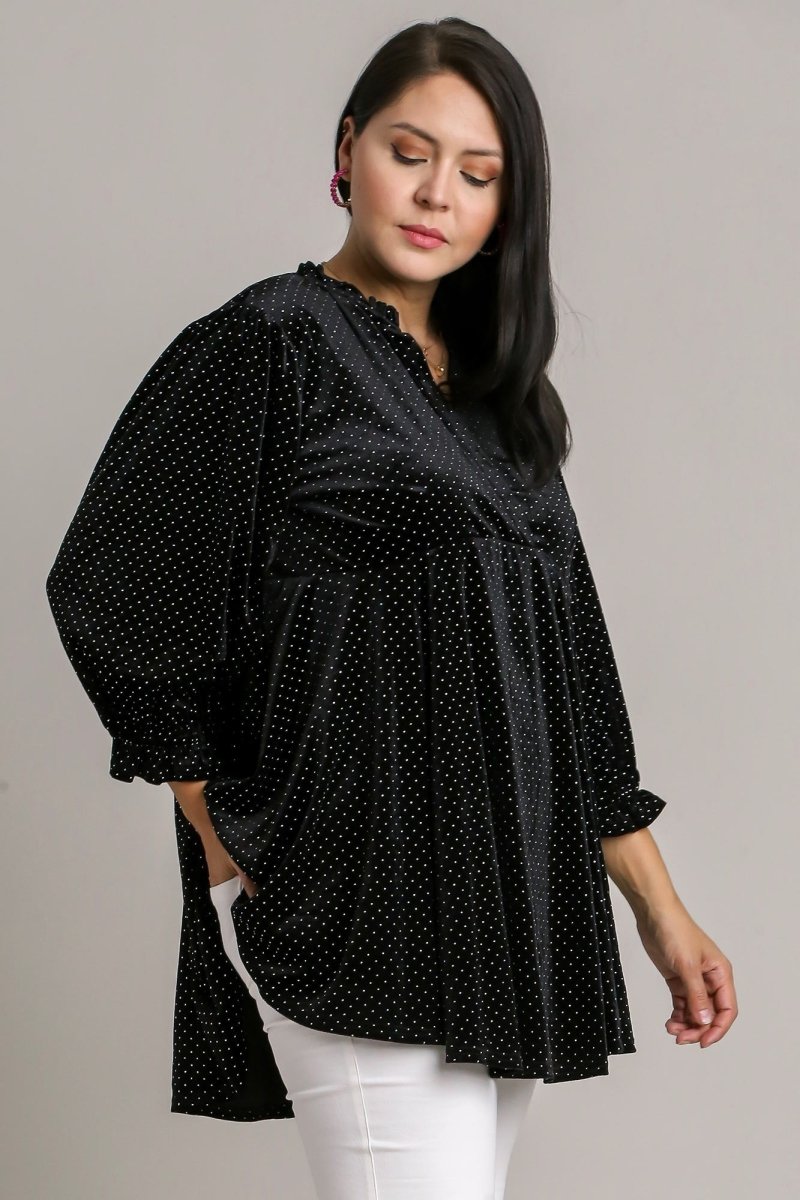 Umgee Full Size Beaded Frill Flounce Sleeve Velvet Blouse