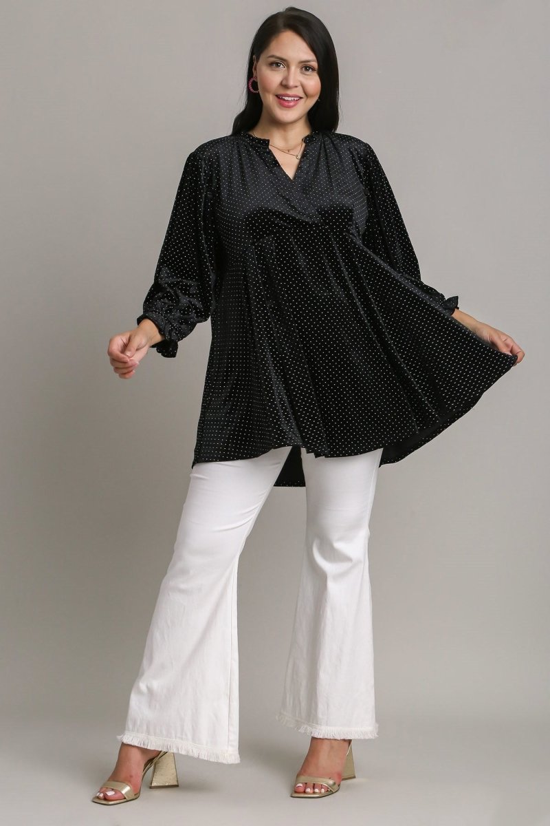 Umgee Full Size Beaded Frill Flounce Sleeve Velvet Blouse