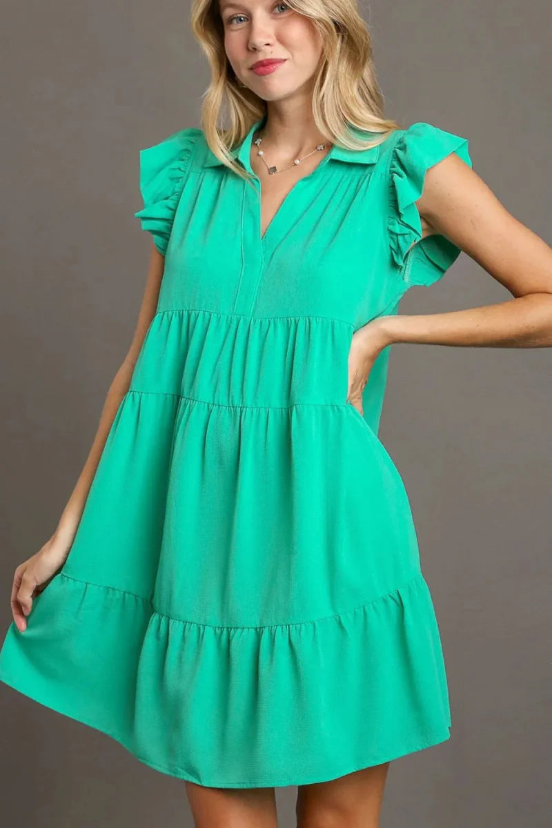 Umgee Full Size Johnny Collar Ruffle Cap Sleeve Dress Plus Size