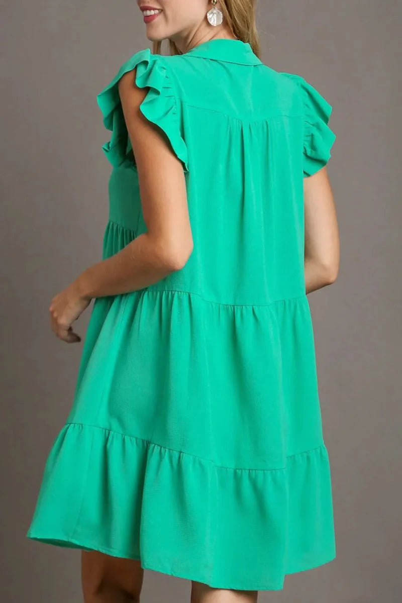 Umgee Full Size Johnny Collar Ruffle Cap Sleeve Dress Plus Size