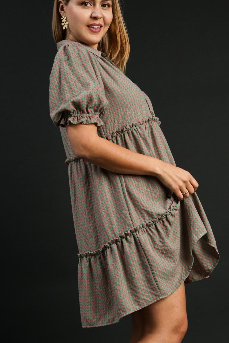 Umgee Full Size Plaid Frill Button Detail Ruffled Dress