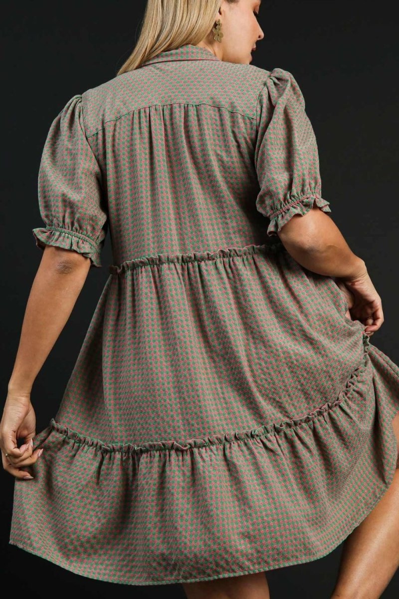 Umgee Full Size Plaid Frill Button Detail Ruffled Dress