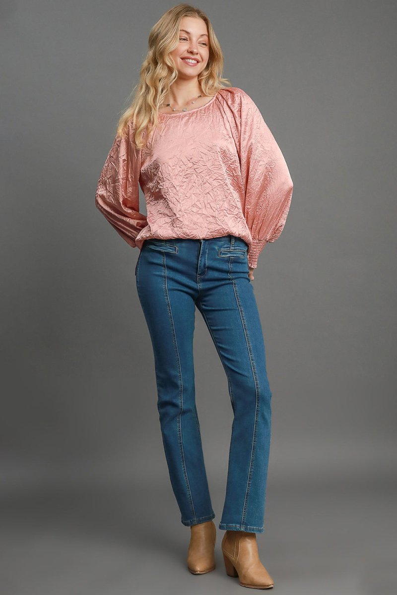 Umgee Wrinkled Round Neck Lantern Sleeve Blouse for Women