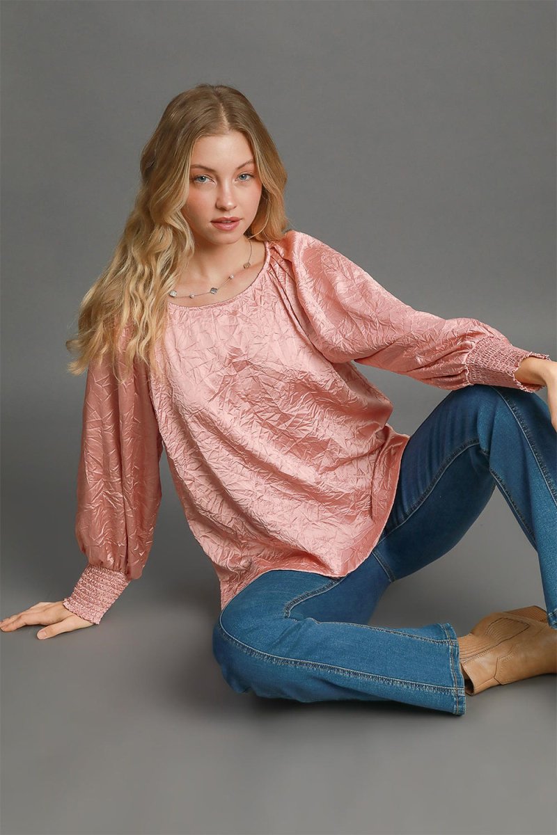 Umgee Wrinkled Round Neck Lantern Sleeve Blouse for Women