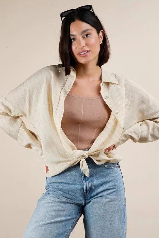 VERY J Oversized Striped Button Down Shirt Top for Women