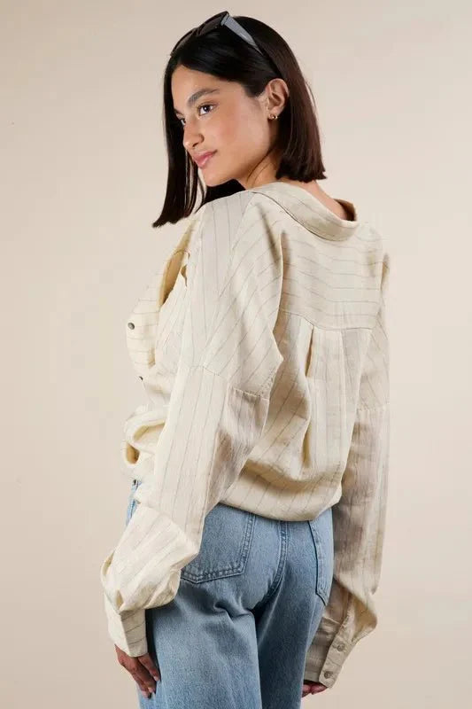 VERY J Oversized Striped Button Down Shirt Top for Women
