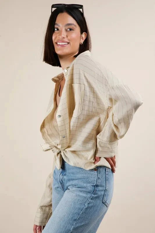 VERY J Oversized Striped Button Down Shirt Top for Women
