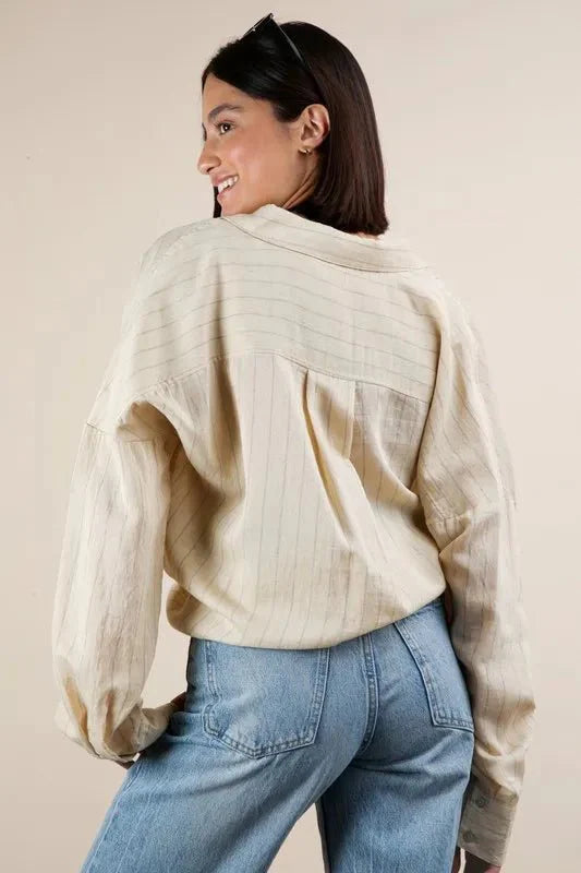 VERY J Oversized Striped Button Down Shirt Top for Women