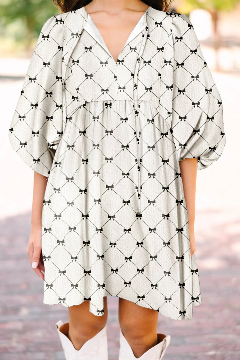 White Bowtie Pattern Textured Puff Half Sleeve Mini Dress