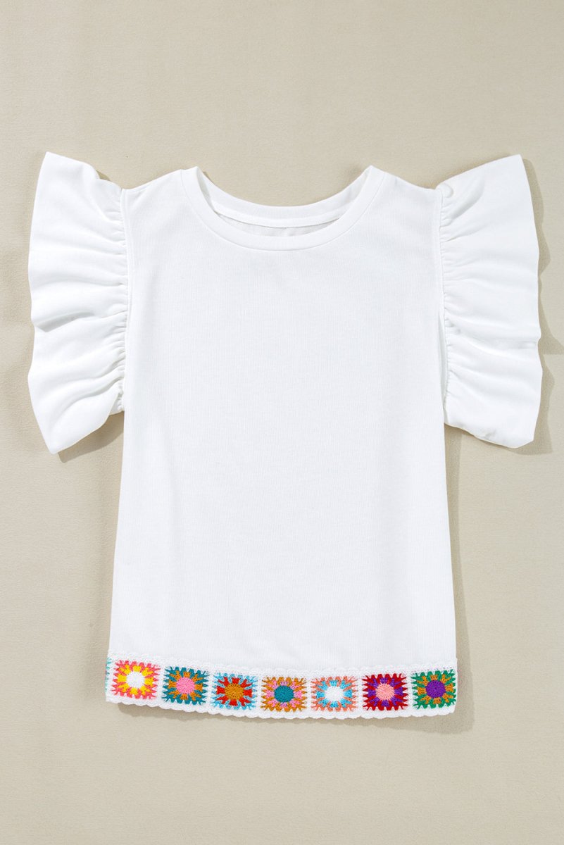 White Floral Crochet Patched Ruffled Sleeve Crewneck Blouse