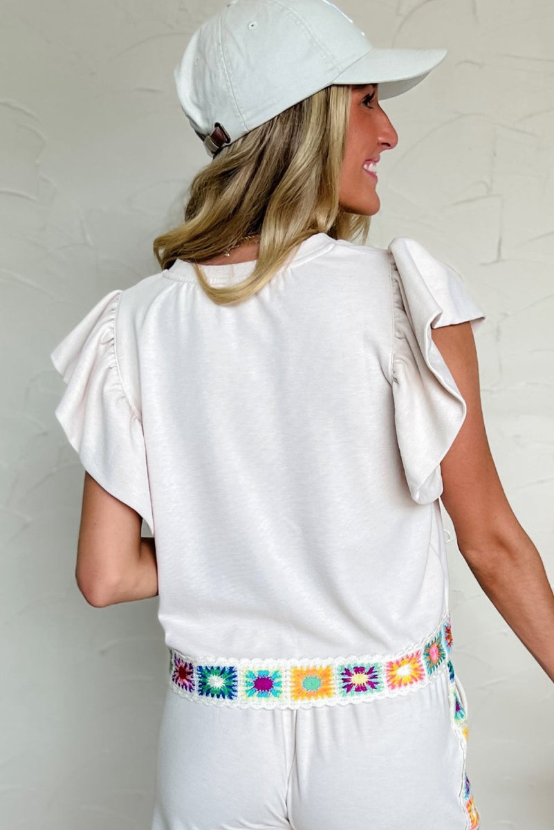 White Floral Crochet Patched Ruffled Sleeve Crewneck Blouse