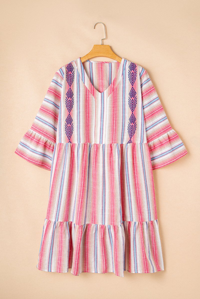 White Stripe Plus Size Embroidered Flared V Neck Dress