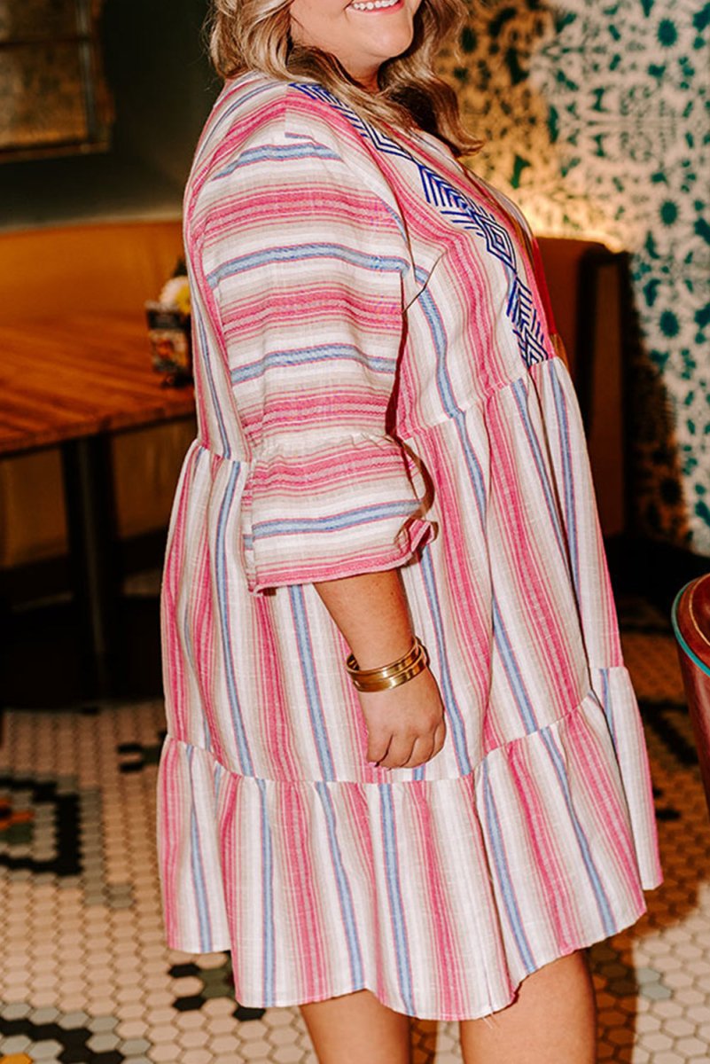 White Stripe Plus Size Embroidered Flared V Neck Dress