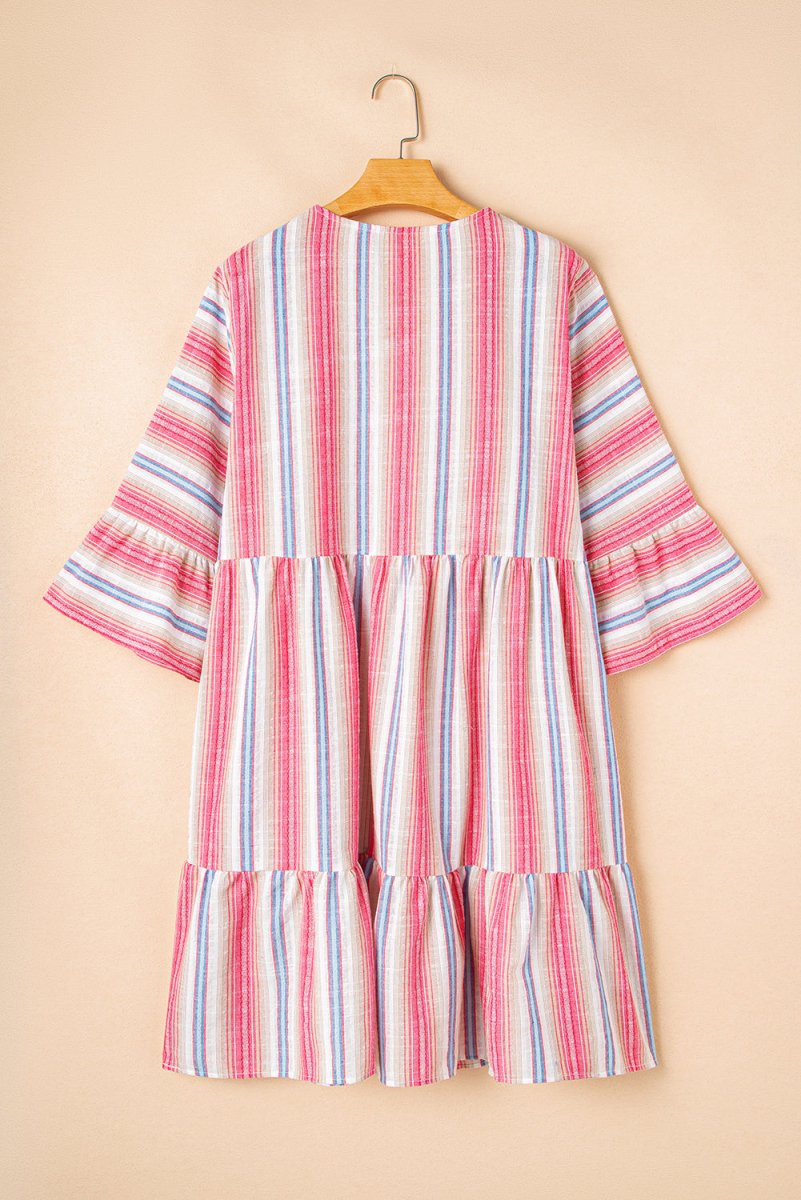 White Stripe Plus Size Embroidered Flared V Neck Dress