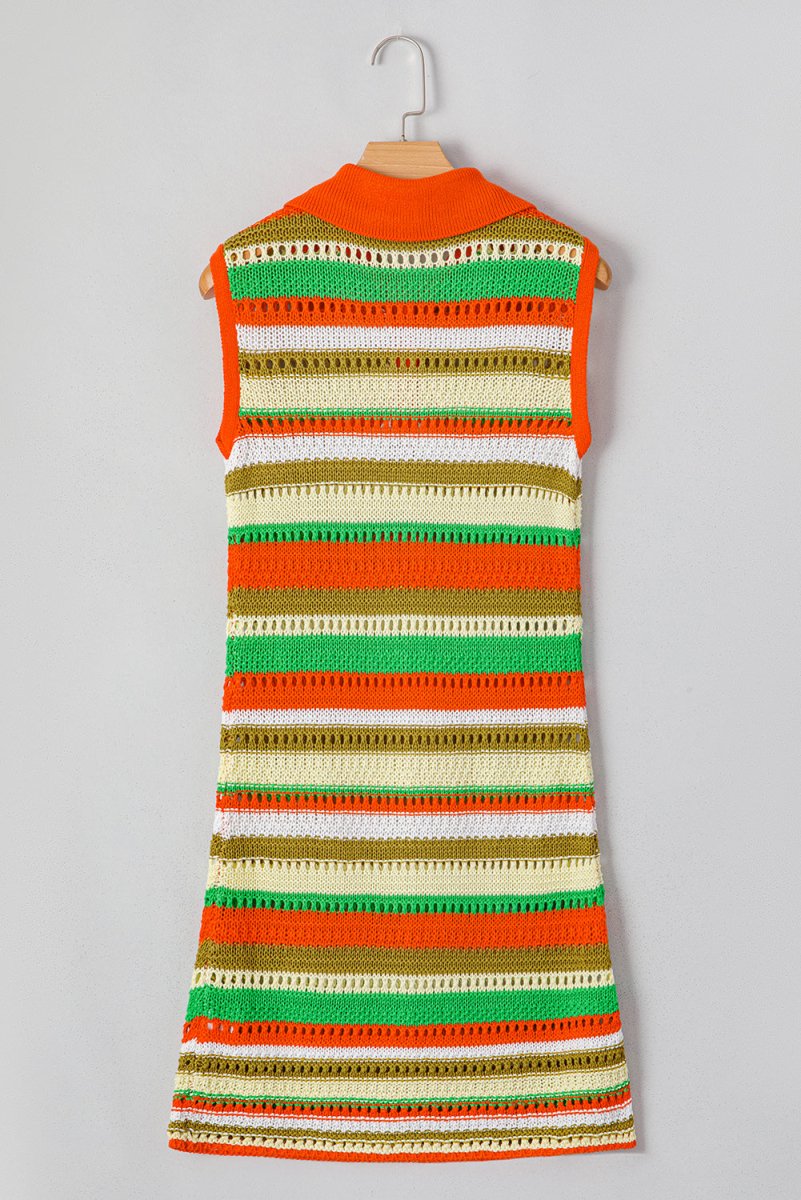 Yellow Stripe Eyelet Sleeveless Buttoned Split Neck Dress