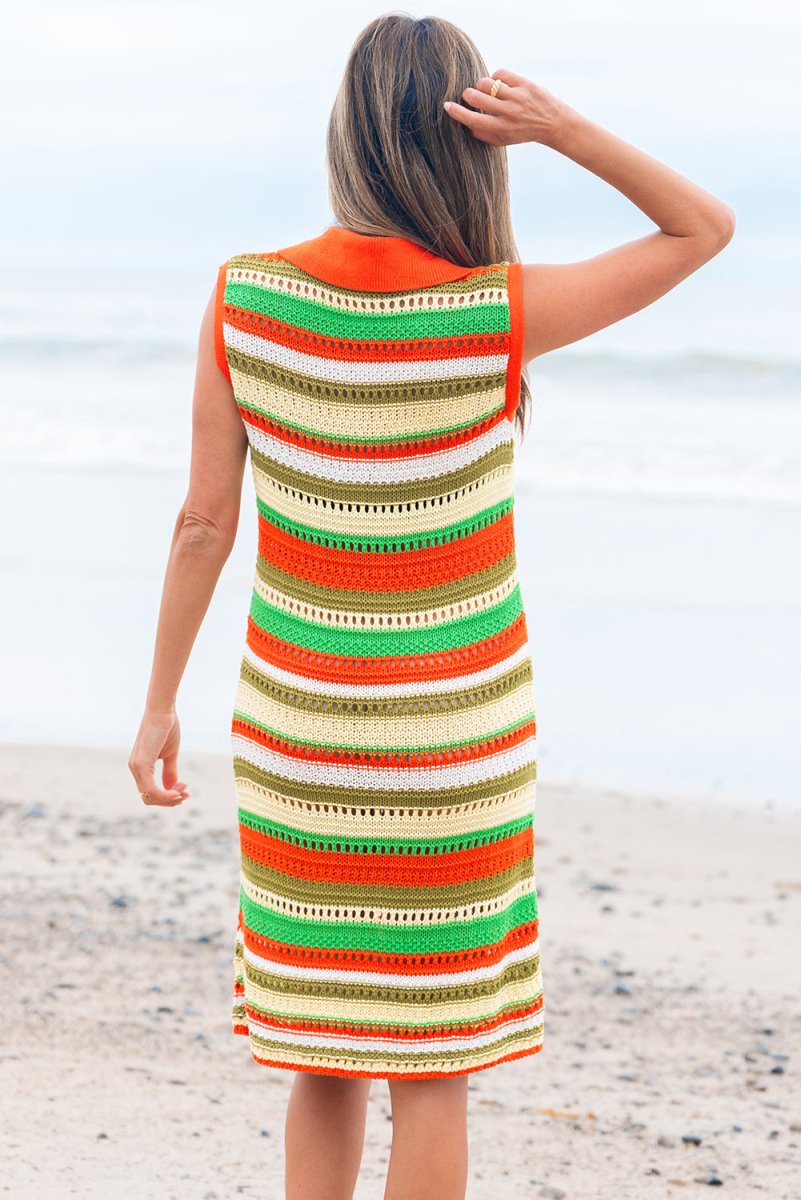 Yellow Stripe Eyelet Sleeveless Buttoned Split Neck Dress