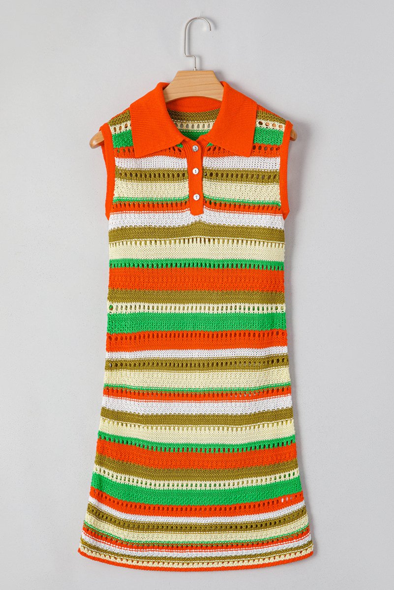 Yellow Stripe Eyelet Sleeveless Buttoned Split Neck Dress