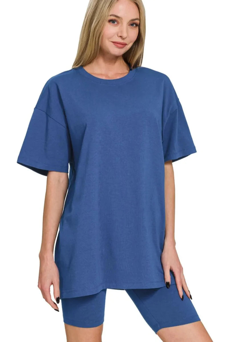 Zenana Cotton Round Neck Top & Biker Shorts