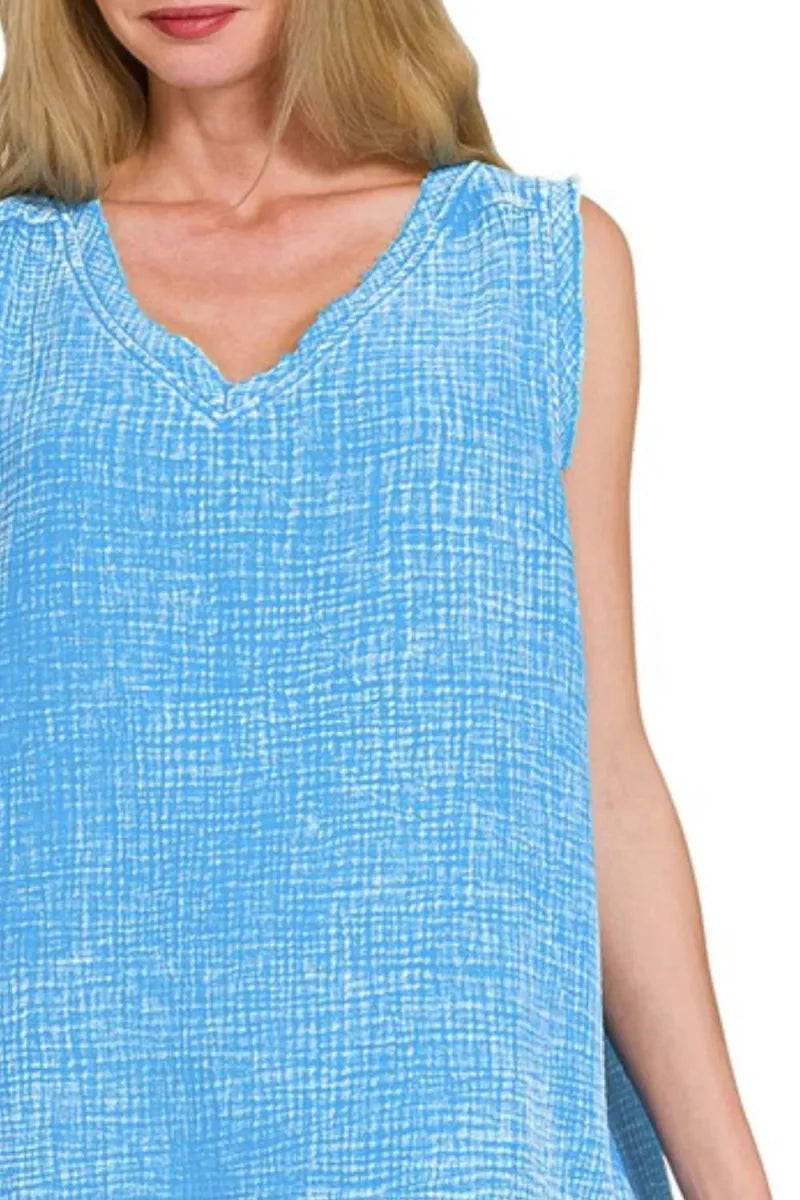 Zenana Double Gauze Raw Edge Acid Washed Tank Top
