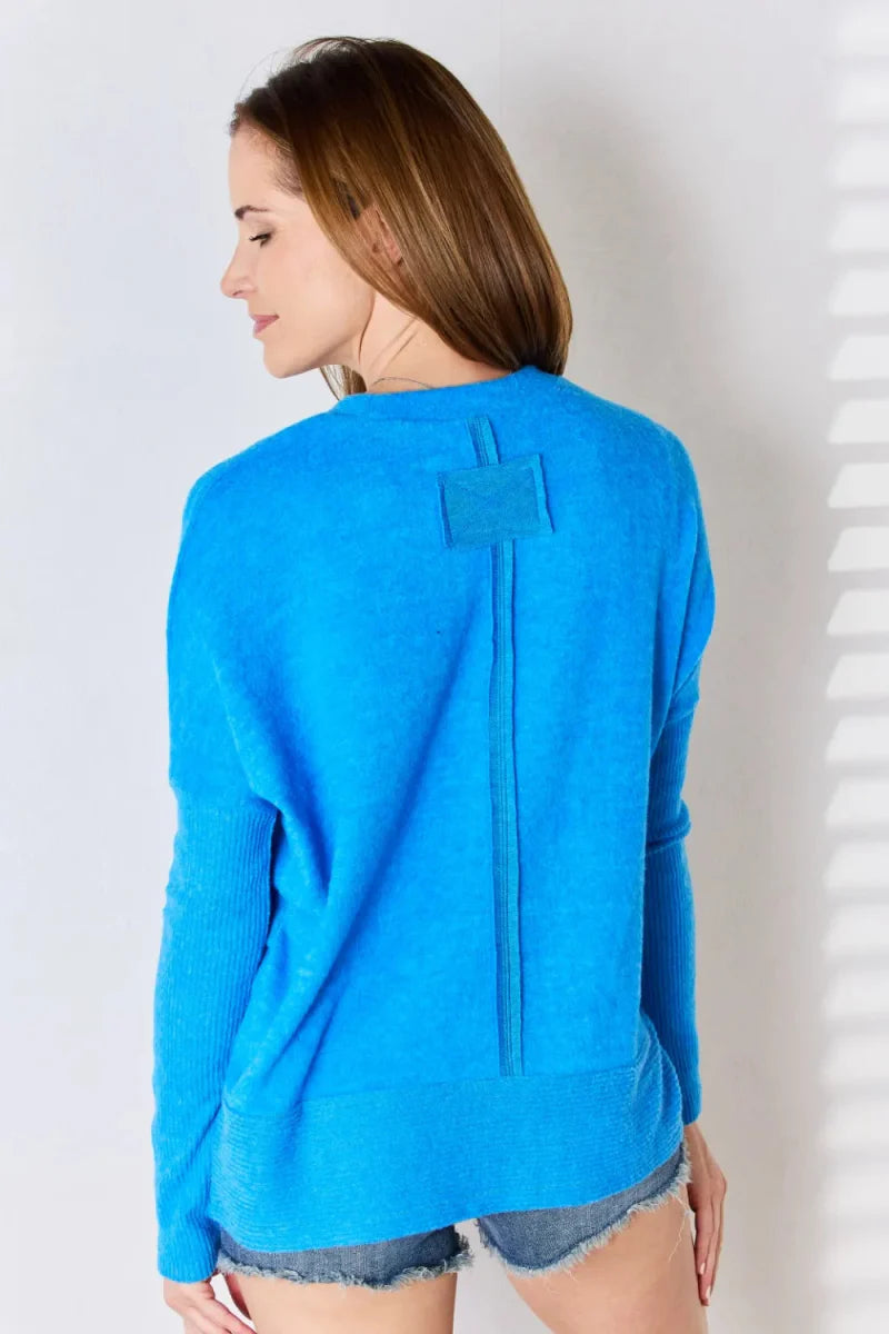 Zenana Ribbed Trim Round Neck Long Sleeve Top for Women