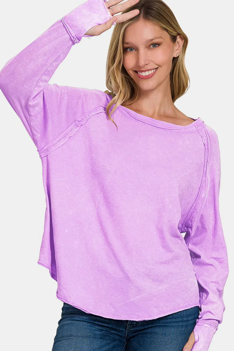 Zenana Round Neck Thumbhole Long Sleeve T-Shirt for Women