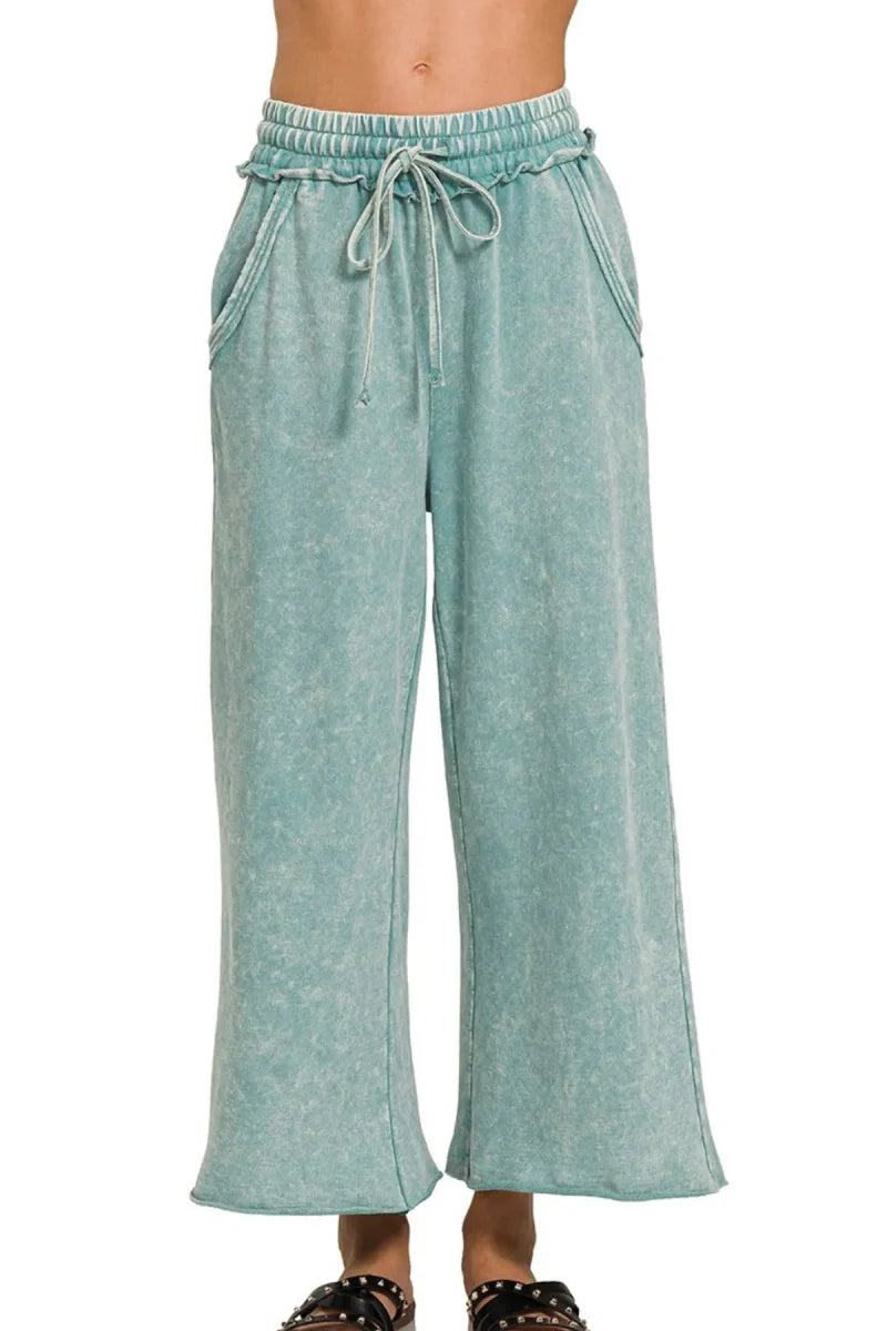 Zenana Washed French Terry Palazzo With Pockets For Women
