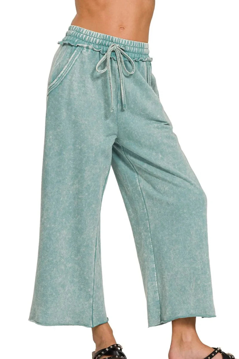 Zenana Washed French Terry Palazzo With Pockets For Women