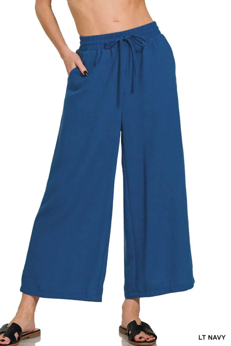 Zenana Woven Crepe Elastic Band Waist Cropped Pants for Women