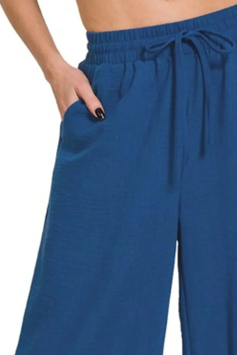 Zenana Woven Crepe Elastic Band Waist Cropped Pants for Women