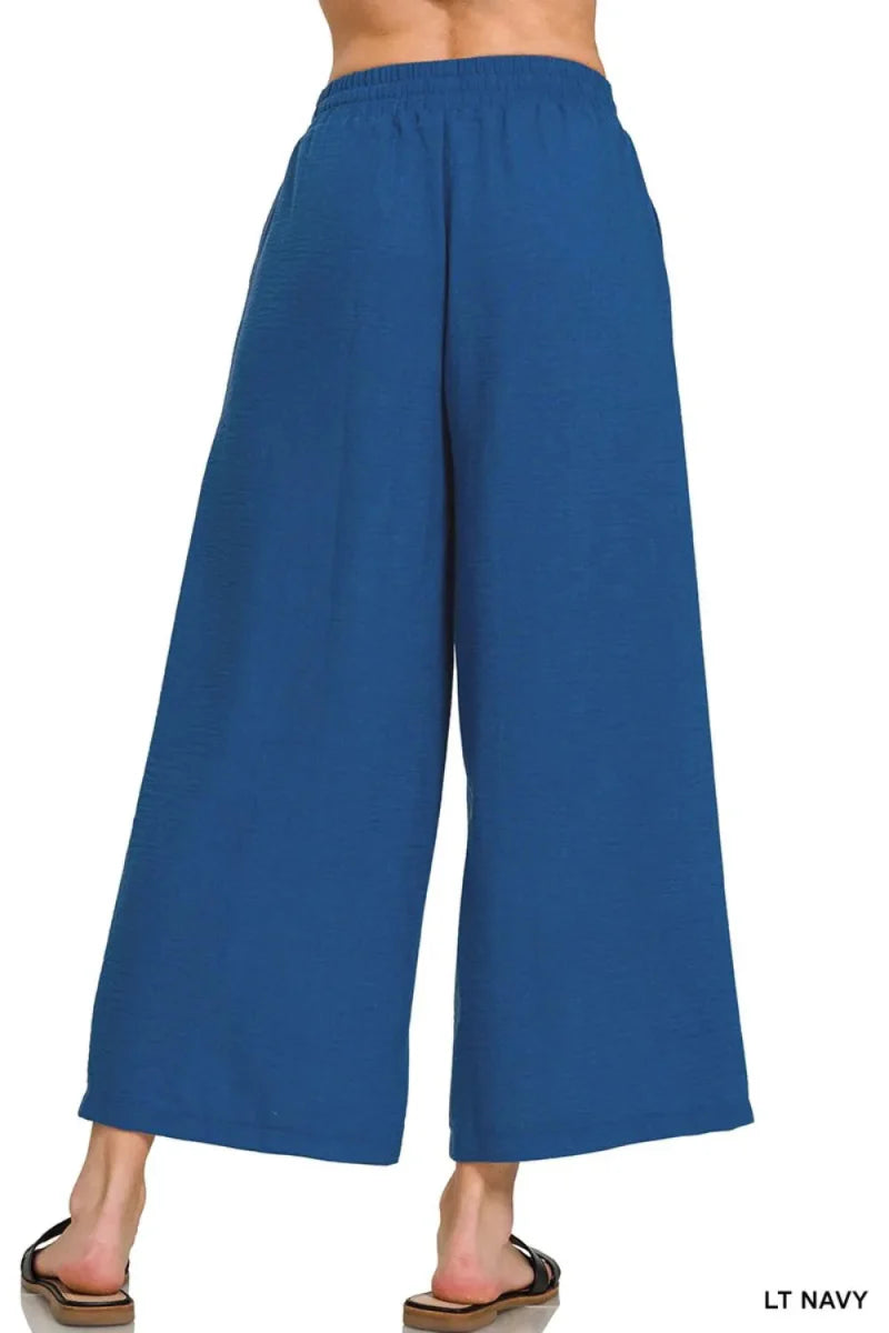 Zenana Woven Crepe Elastic Band Waist Cropped Pants for Women